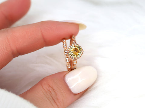 2.06cts Ready to Ship Katya 14kt Rose Gold Yellow Sapphire Diamonds Kite Art Deco Cushion Halo WITH Milgrain Bridal Set - Rosados Box