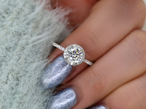 1ct Kimberly 6.5mm Platinum FB Moissanite Diamond Pave Halo Ring - Rosados Box