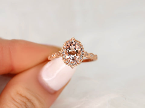 Lana 8x6mm 14kt Morganite Diamond WITH Milgrain Unique Halo Ring - Rosados Box