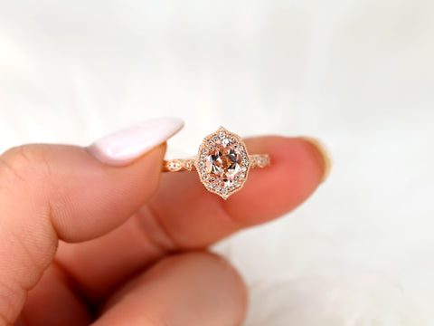 Lana 8x6mm 14kt Morganite Diamond WITH Milgrain Unique Halo Ring - Rosados Box
