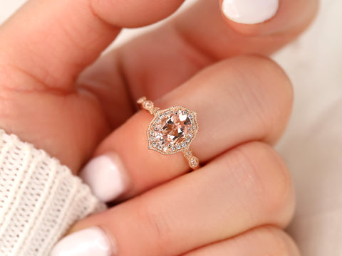 Lana 8x6mm 14kt Morganite Diamond WITH Milgrain Unique Halo Ring - Rosados Box