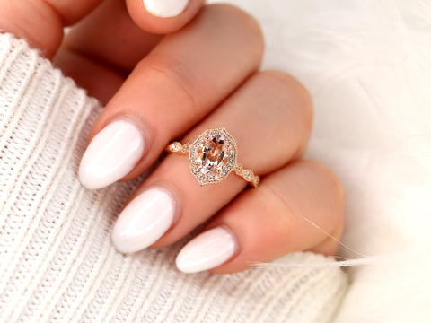 Lana 8x6mm 14kt Morganite Diamond WITH Milgrain Unique Halo Ring - Rosados Box