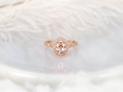 Lana 8x6mm 14kt Morganite Diamond WITH Milgrain Unique Halo Ring - Rosados Box