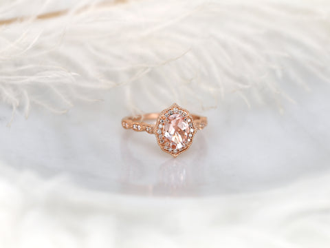 Lana 8x6mm 14kt Morganite Diamond WITH Milgrain Unique Halo Ring - Rosados Box