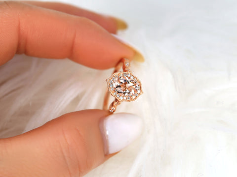 Lana 8x6mm 14kt Morganite Diamond WITH Milgrain Unique Halo Ring - Rosados Box