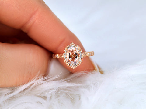 Lana 8x6mm 14kt Morganite Diamond WITH Milgrain Unique Halo Ring - Rosados Box
