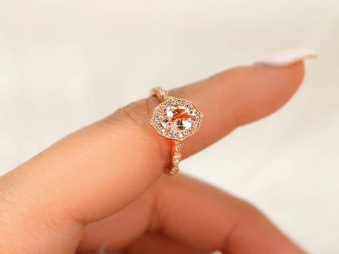 Lana 8x6mm 14kt Morganite Diamond WITH Milgrain Unique Halo Ring - Rosados Box
