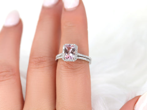 1.68ct Ready to Ship Lisette 14kt White Gold Blush Sapphire Diamond Radiant Halo Bridal Set - Rosados Box