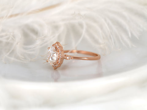 2ct Mae 9x7mm 14kt Gold Moissanite Diamond WITHOUT Milgrain Oval Halo Ring - Rosados Box