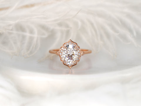 2ct Mae 9x7mm 14kt Gold Moissanite Diamond WITHOUT Milgrain Oval Halo Ring - Rosados Box