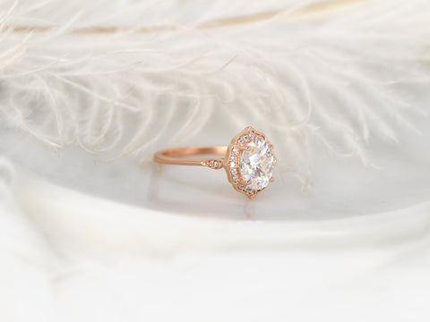 2ct Mae 9x7mm 14kt Gold Moissanite Diamond WITHOUT Milgrain Oval Halo Ring - Rosados Box