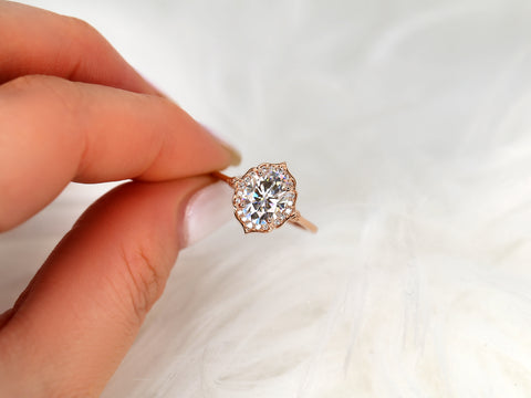 2ct Mae 9x7mm 14kt Gold Moissanite Diamond WITHOUT Milgrain Oval Halo Ring - Rosados Box