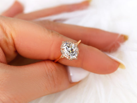 2ct Mae 9x7mm 14kt Gold Moissanite Diamond WITHOUT Milgrain Oval Halo Ring - Rosados Box