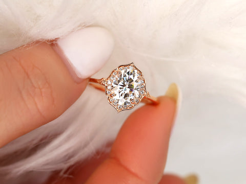 2ct Mae 9x7mm 14kt Gold Moissanite Diamond WITHOUT Milgrain Oval Halo Ring - Rosados Box