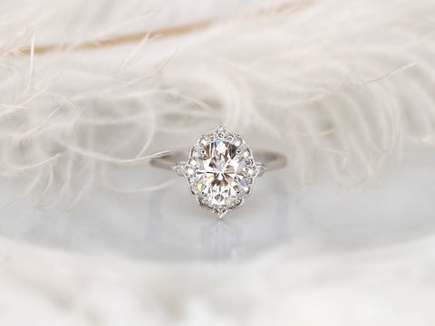 1.50ct Mae 8x6mm 14kt Gold Moissanite Diamond WITH Milgrain Unique Oval Halo Ring - Rosados Box