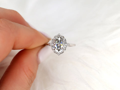 1.50ct Mae 8x6mm 14kt Gold Moissanite Diamond WITH Milgrain Unique Oval Halo Ring - Rosados Box