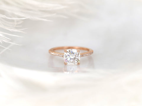 1.30cts Marcelle 6.5mm 14kt Gold Moissanite Diamond Dainty Cushion Solitaire with Accents Ring - Rosados Box