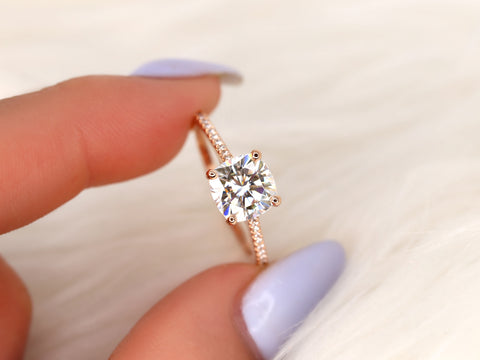 1.30cts Marcelle 6.5mm 14kt Gold Moissanite Diamond Dainty Cushion Solitaire with Accents Ring - Rosados Box