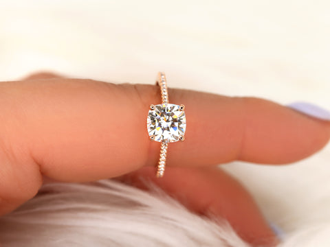 1.30cts Marcelle 6.5mm 14kt Gold Moissanite Diamond Dainty Cushion Solitaire with Accents Ring - Rosados Box