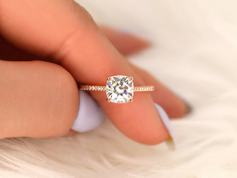 1.30cts Marcelle 6.5mm 14kt Gold Moissanite Diamond Dainty Cushion Solitaire with Accents Ring - Rosados Box