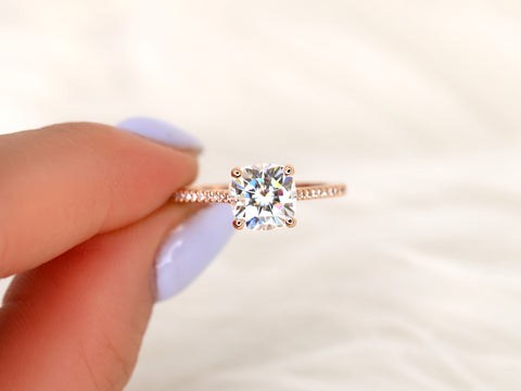 1.30cts Marcelle 6.5mm 14kt Gold Moissanite Diamond Dainty Cushion Solitaire with Accents Ring - Rosados Box