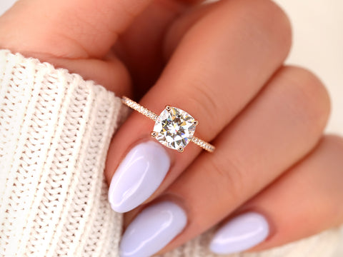 1.30cts Marcelle 6.5mm 14kt Gold Moissanite Diamond Dainty Cushion Solitaire with Accents Ring - Rosados Box