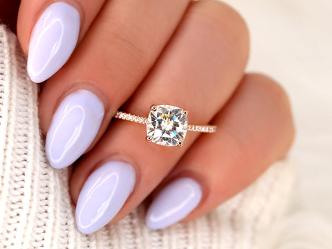 1.30cts Marcelle 6.5mm 14kt Gold Moissanite Diamond Dainty Cushion Solitaire with Accents Ring - Rosados Box