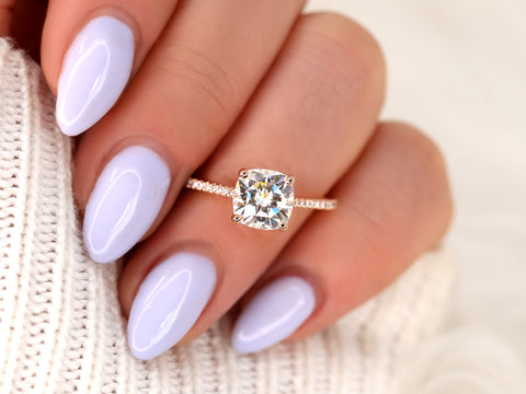 2ct Marcelle 7.5mm 14kt Gold Moissanite Diamonds Cushion Solitaire Accent Ring - Rosados Box