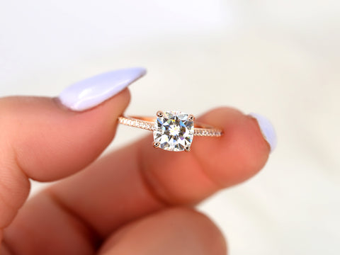 2ct Marcelle 7.5mm 14kt Gold Moissanite Diamonds Cushion Solitaire Accent Ring - Rosados Box