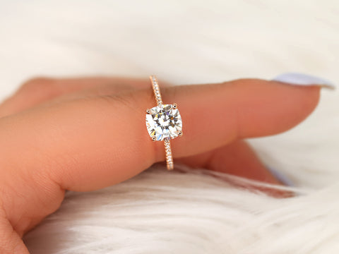 2ct Marcelle 7.5mm 14kt Gold Moissanite Diamonds Cushion Solitaire Accent Ring - Rosados Box