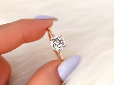 2ct Marcelle 7.5mm 14kt Gold Moissanite Diamonds Cushion Solitaire Accent Ring - Rosados Box
