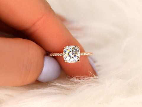2ct Marcelle 7.5mm 14kt Moissanite Diamonds Dainty Cushion Solitaire with Accents Ring - Rosados Box
