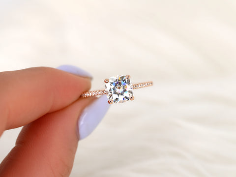 2ct Marcelle 7.5mm 14kt Moissanite Diamonds Dainty Cushion Solitaire with Accents Ring - Rosados Box