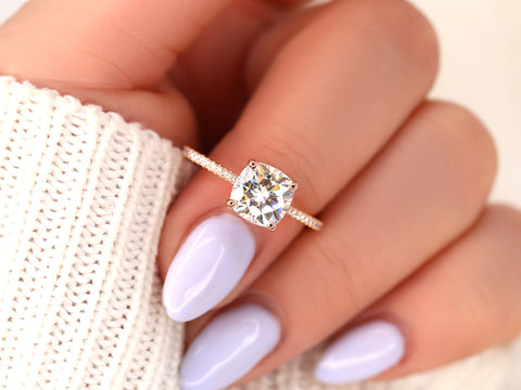 2ct Marcelle 7.5mm 14kt Moissanite Diamonds Dainty Cushion Solitaire with Accents Ring - Rosados Box