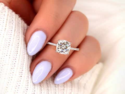 2.40ct Marcelle 8mm 14kt Moissanite Diamonds Dainty Cushion Solitaire Ring - Rosados Box