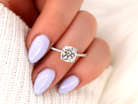 2.40ct Marcelle 8mm 14kt Moissanite Diamonds Dainty Cushion Solitaire Ring - Rosados Box