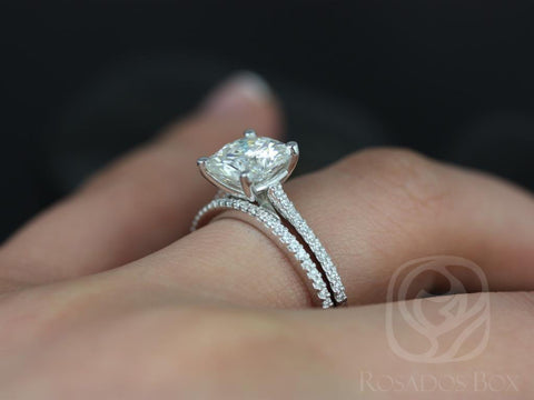 2.40cts Marcelle 8mm 14kt Gold Moissanite Diamond Dainty Cathedral Cushion Solitaire Bridal Set - Rosados Box