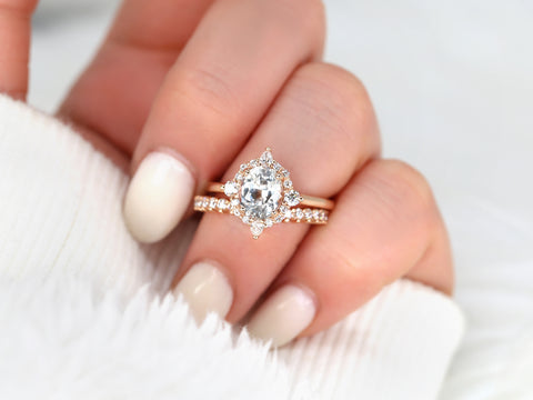 2.12ct Ready to Ship Maris 14kt Rose Gold Blush Champagne Sapphire Diamond Compass Halo Bridal Set - Rosados Box