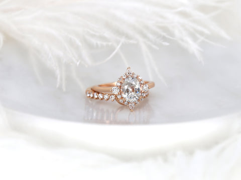 2.12ct Ready to Ship Maris 14kt Rose Gold Blush Champagne Sapphire Diamond Compass Halo Bridal Set - Rosados Box