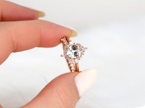 2.12ct Ready to Ship Maris 14kt Rose Gold Blush Champagne Sapphire Diamond Compass Halo Bridal Set - Rosados Box
