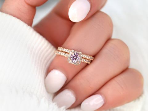 0.65ct Ready to Ship Mikena 14kt Rose Gold Peach Sapphire Diamond Art Deco Cushion Pave Halo Bridal Set