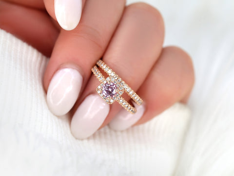 0.65ct Ready to Ship Mikena 14kt Rose Gold Peach Sapphire Diamond Art Deco Cushion Pave Halo Bridal Set - Rosados Box