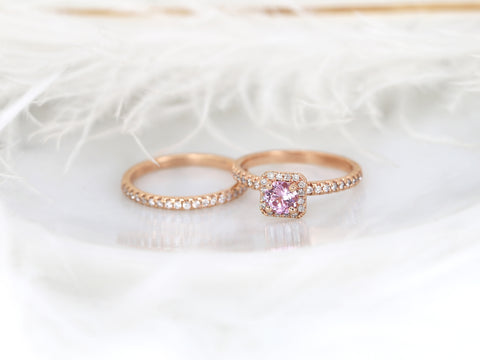 0.65ct Ready to Ship Mikena 14kt Rose Gold Peach Sapphire Diamond Art Deco Cushion Pave Halo Bridal Set - Rosados Box