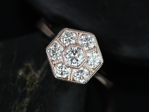 Mosaic Grande 14kt Gold Diamond WITH Milgrain Diamond Hexagon Cluster Ring - Rosados Box