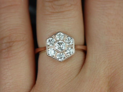 Mosaic Grande 14kt Gold Diamond WITH Milgrain Diamond Hexagon Cluster Ring - Rosados Box