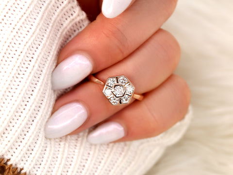 Mosaic Grande WITHOUT Milgrain 14kt Gold Diamond Honeycomb Hexagon Cluster Ring - Rosados Box