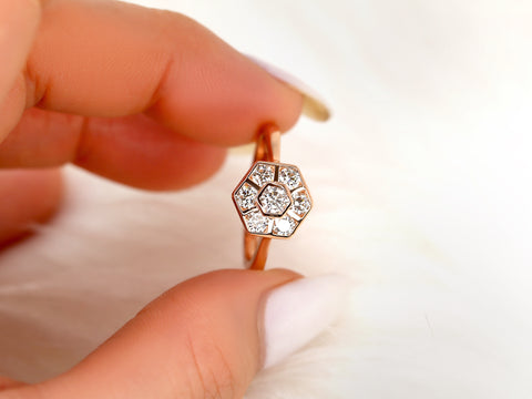 Mosaic Grande WITHOUT Milgrain 14kt Diamond Unique Hexagon Cluster Ring - Rosados Box