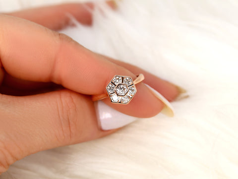 Mosaic Grande WITHOUT Milgrain 14kt Diamond Unique Hexagon Cluster Ring - Rosados Box