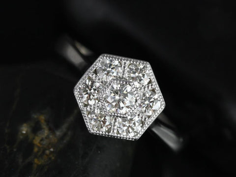 Mosaic Medio 14kt Gold Diamond WITH Milgrain Hexagon Unique Art Deco Cluster Ring - Rosados Box