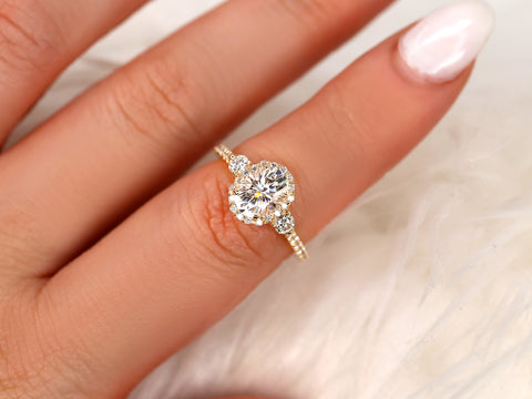 1.50cts Natalia 8x6mm 14kt Gold Moissanite Diamond Unique Three Stone Oval Halo Ring - Rosados Box